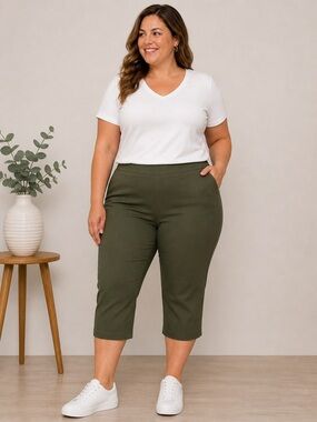 Plus-Size Olive Capri Pants with Stretch Waist